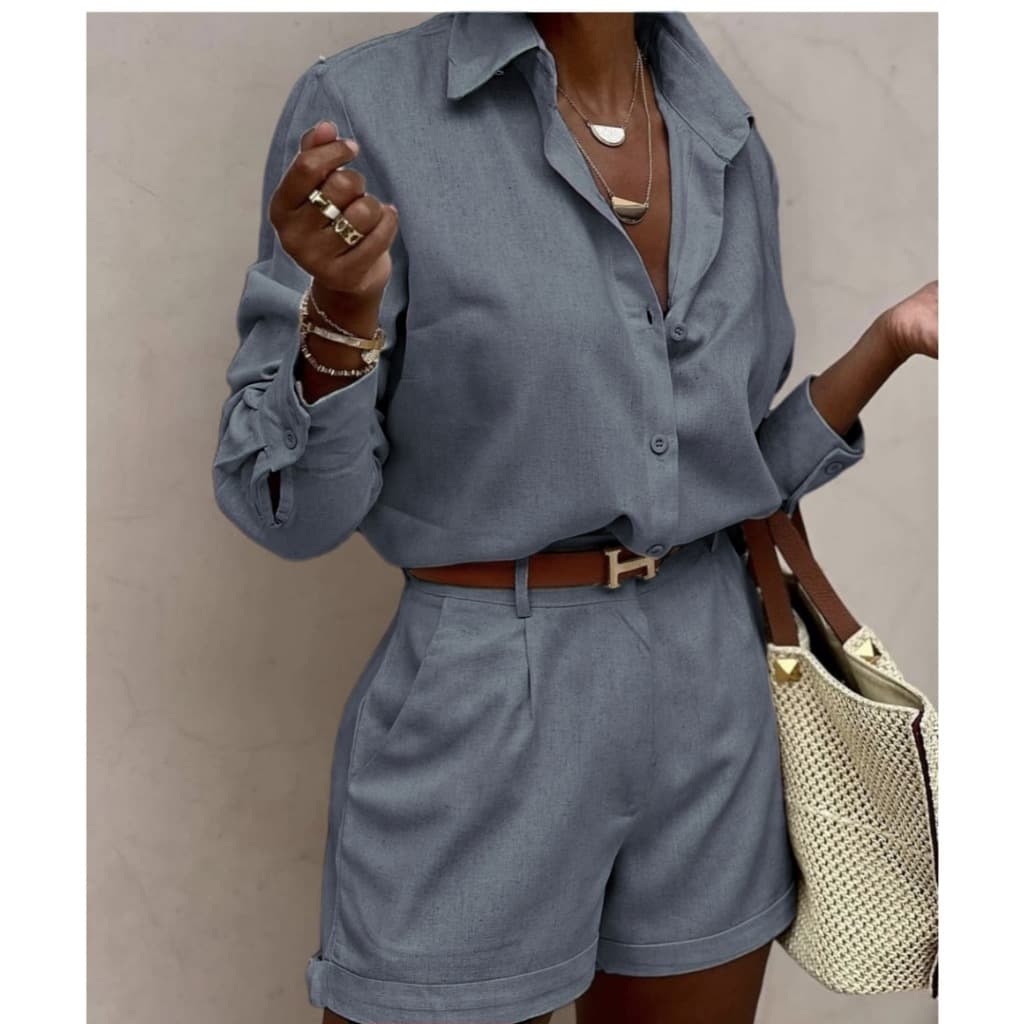 conjunto camisa e shorts com elastico atrás de linho social 002