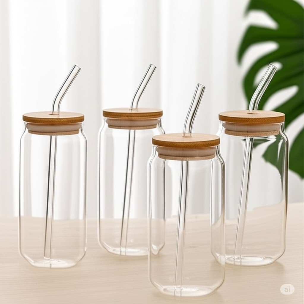 Kit Copos de Vidro com Tampa de Bambu e Canudo de Reutilizável Hermético Suco Café Transparente