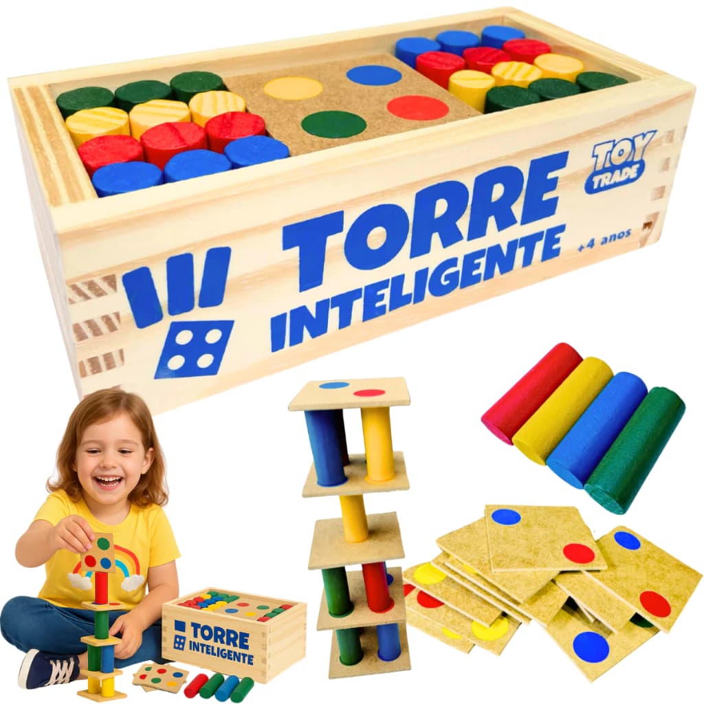 Torre Inteligente de Madeira Jogo Educativo Premium Coordenação Motora Brinquedo Infantil Toy Trade
