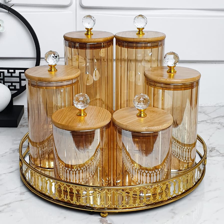 Potes herméticos porta mantimentos com tampa de bambu e vedação em silicone Âmbar com Tampa Cristal