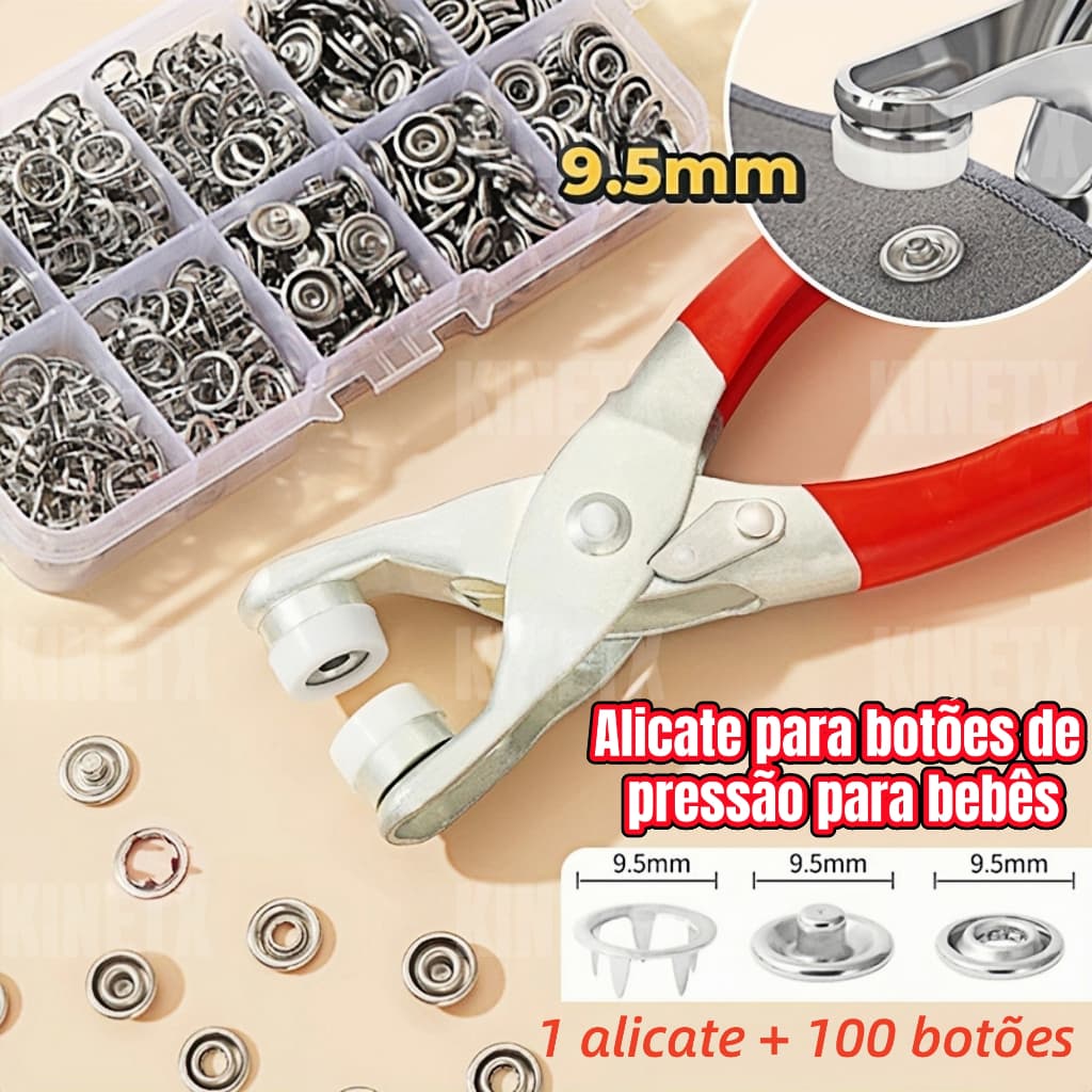 Alicate Aplicador Para Botão de Metal de Pressão Roupa Bebe com 100 Botões de Roupas 9.5mm 2 em 1 Versátil e Prático