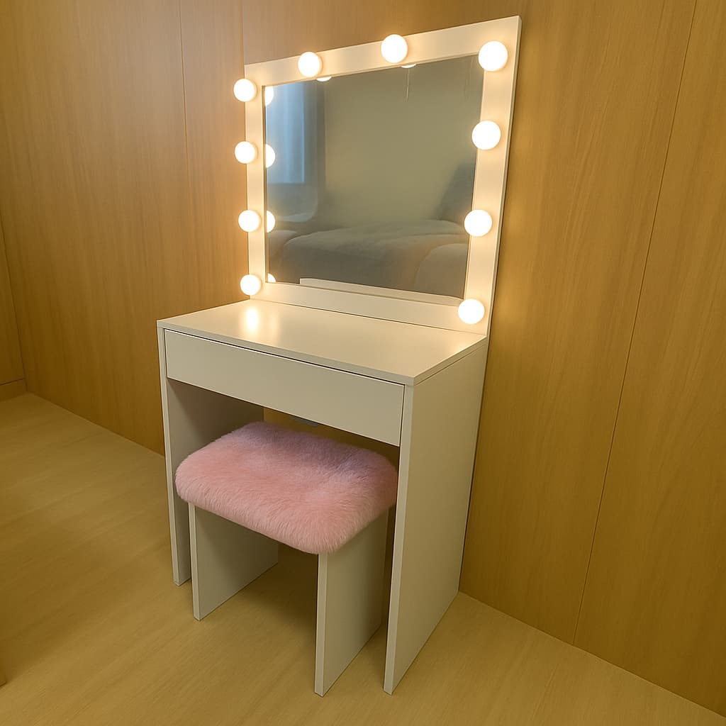 Penteadeira Camarim Banco Rosa Clarinho Led e Espelho 50cm x 50cm Material Em MDF Sofie