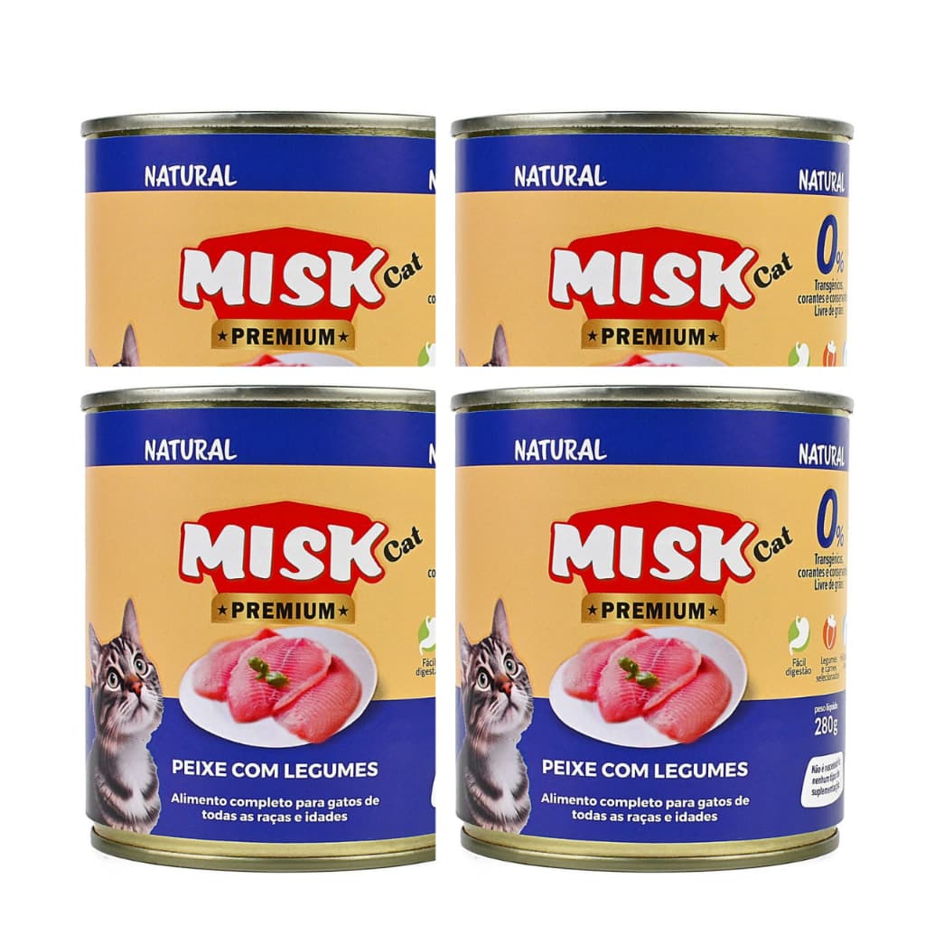 Kit 2 ou 4 Latas de Ração Úmida Natural Premium Misk Para Gatos Sabor Peixe com Legumes