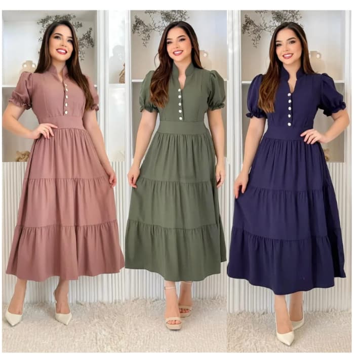 Vestido mídi feminino evangélica com manga princesa com elastex na costas confortável tecido algodão