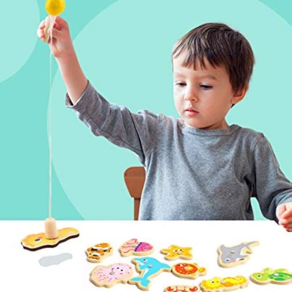 Pesca Divertida Magnética em Madeira Brinquedos Educativos Coordenação e Aprendizado Infantil