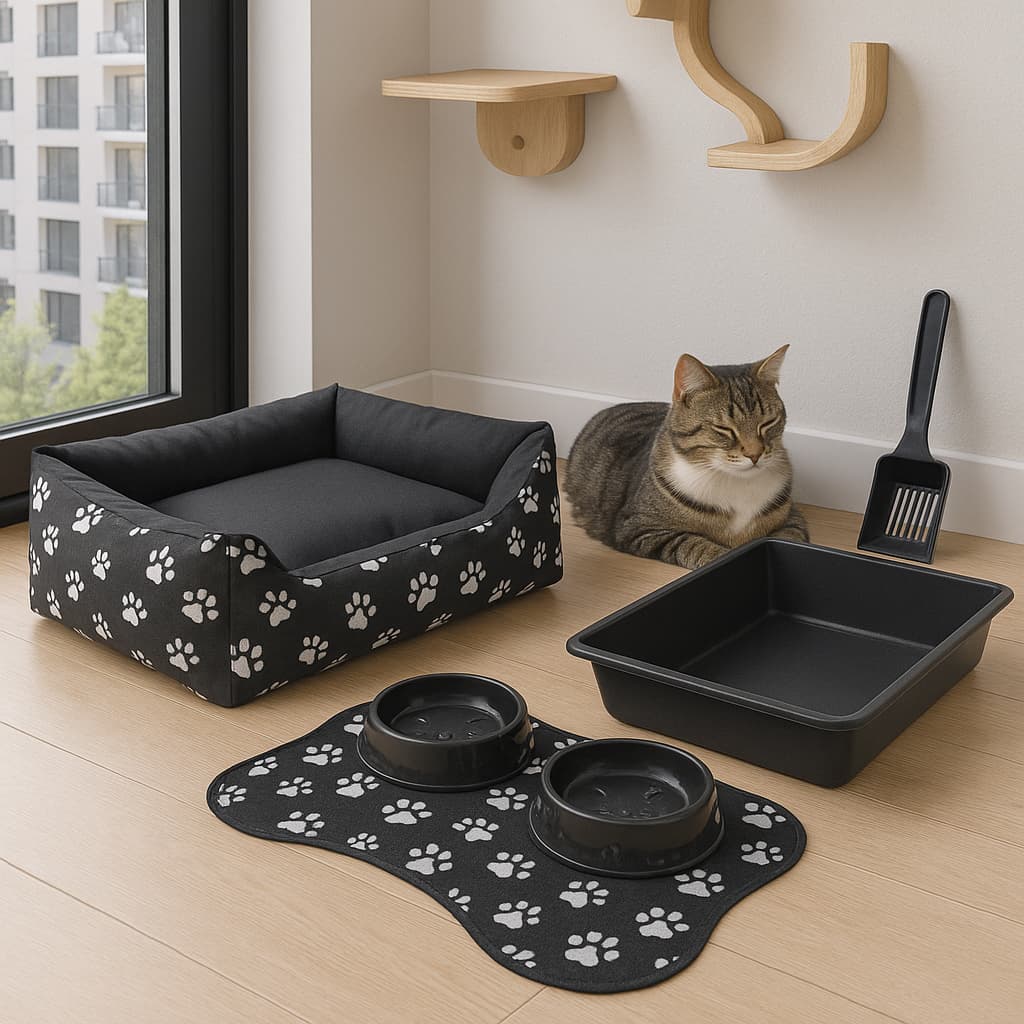 Kit Acessórios para Gato Caminha de Gato + Caixa de Areia + Bebedouro Gato + Comedouro Gato