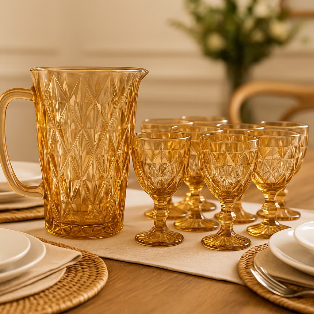 Jogo 7 Peças Jarra Vidro Diamond + 6 Taças Ambar Água Drinks Bico Jaca DIamante Abacaxi Dourada
