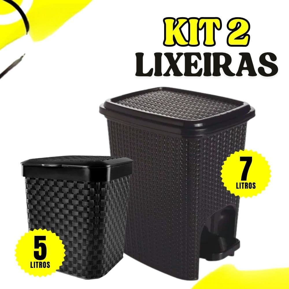 Kit Lixeira Rattan Cesto 7 Litros com Pedal + Lixeira Pia Rattan 5 Litros