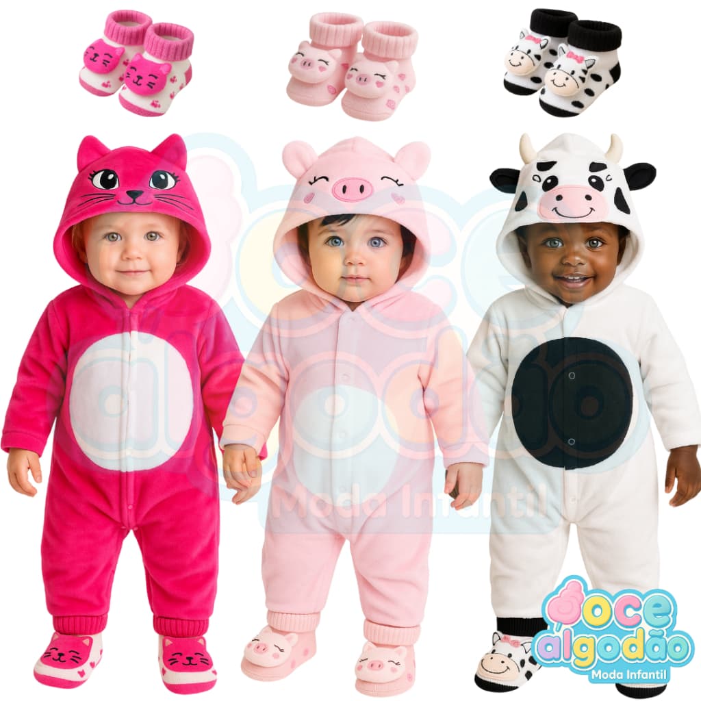 Macacão Inverno Bebê Menina Plush + Pantufa Quentinho Conjunto Peluciado Animais