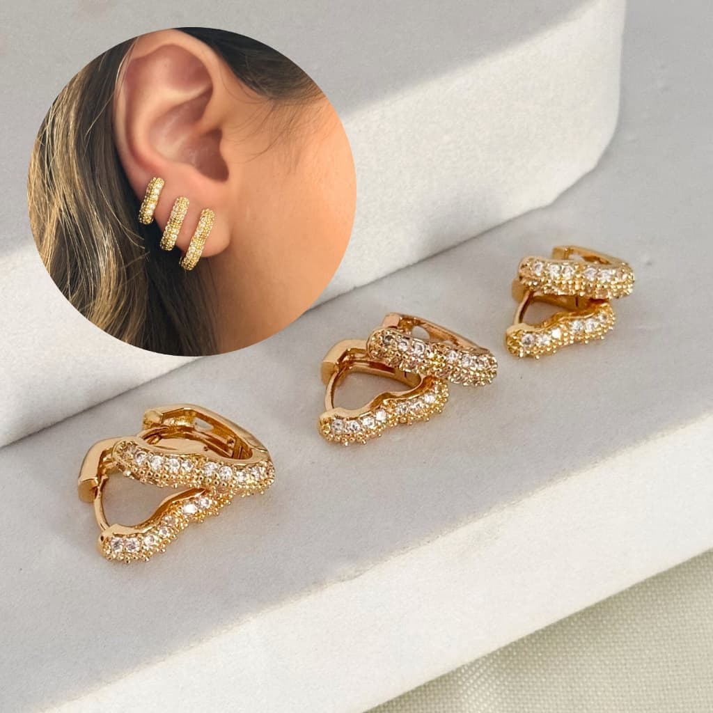 Kit Trio Brincos Argola Cravejadas Coração Luxo Zircônia Feminina Delicada Banhado em Ouro 18k  Acesórios Femininos