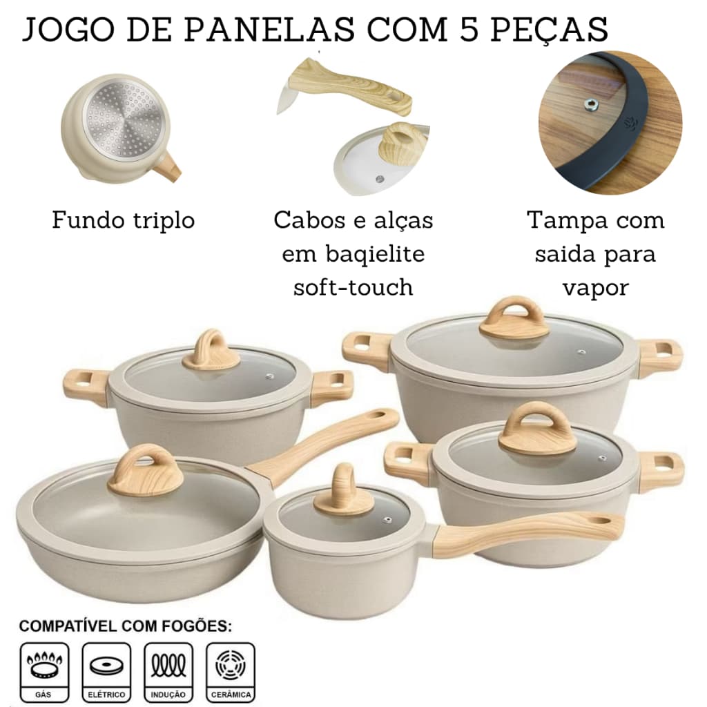 Jogo De Panelas 5 Peças Antiaderente Indução Gás Conjunto Revestido Cerâmica Granito Caçarola Frigideira