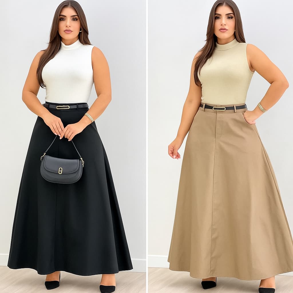 Saia Longa Alfaiataria Evangélica Casual Básica Inverno Cintura Alta Rodada Godê do P ao GGG