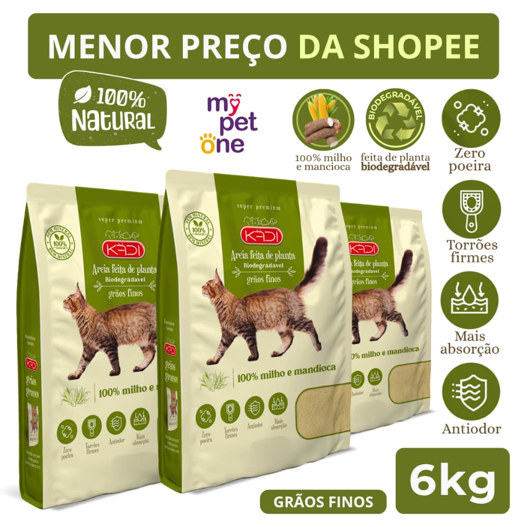 Kit 3 Areia Biodegradável Kadi Grãos Finos - 2Kg