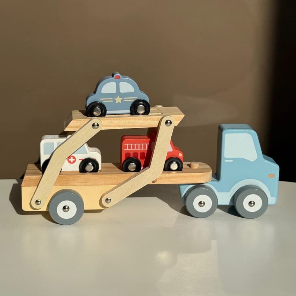 Caminhão cegonha madeira com carros brinquedo infantil estimula coordenação motora e faz de conta 2+