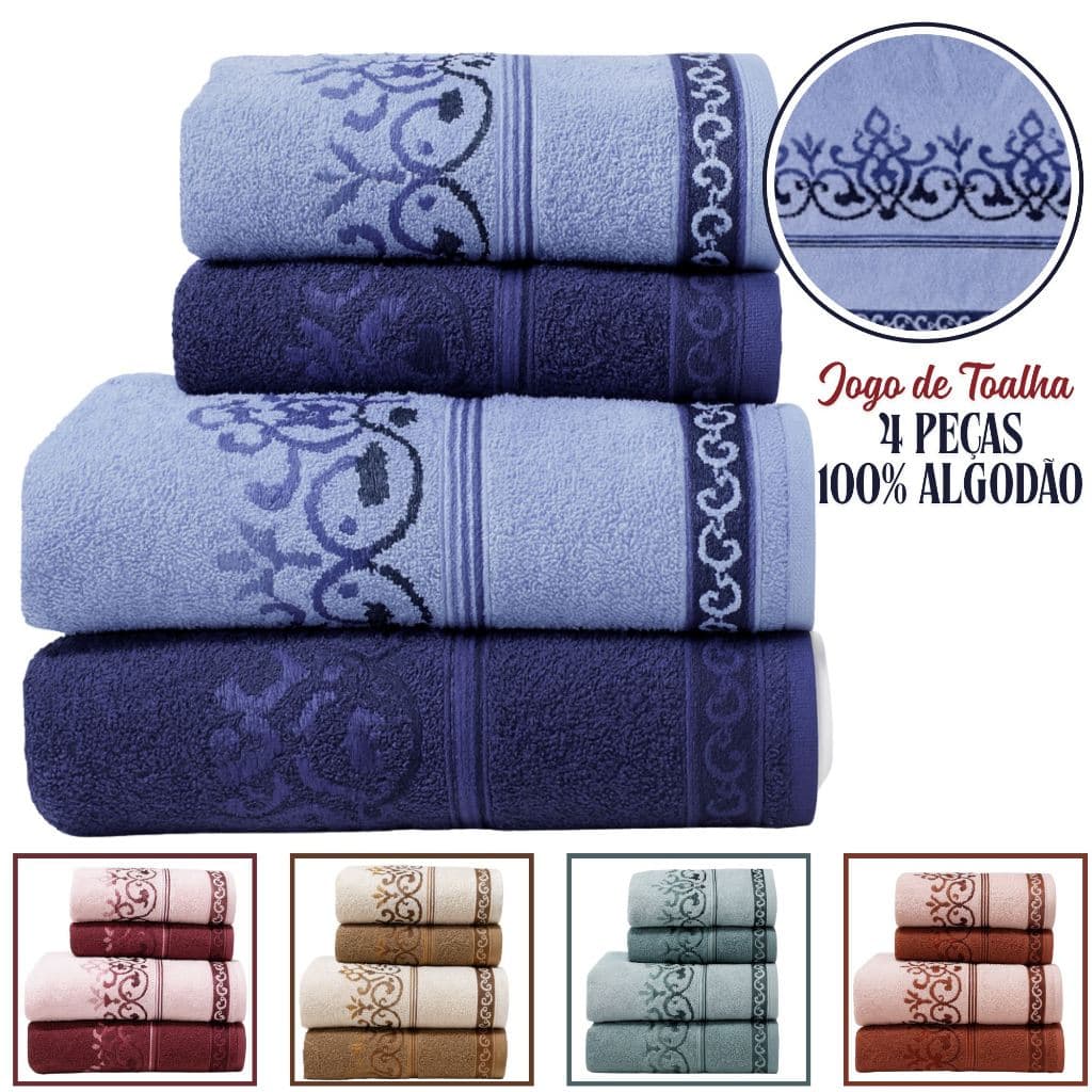Jogo De Toalha 4 Pçs Banho Rosto 100% Algodão Macia Felpuda Excelente Absorção Brisa Habitat