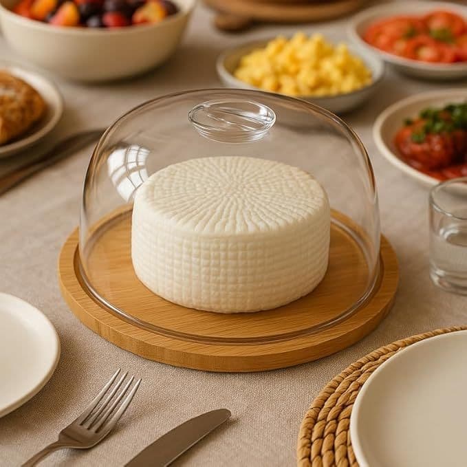 Porta Queijo Queijeira Bambu com Tampa Acrílica Redonda Para Quejios e Frios Cozinha Madeira Gourmet