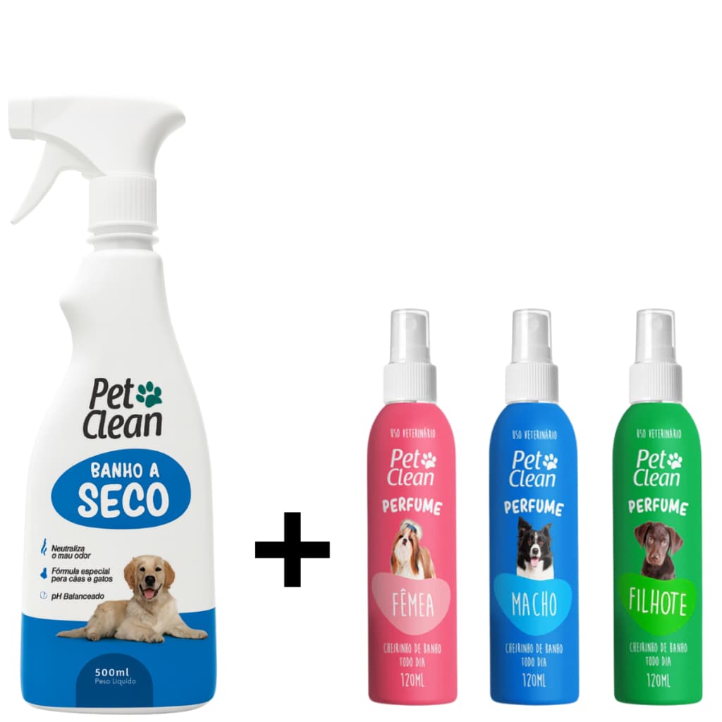 Kit Banho a Seco Spray Sem Enxágue 500 ml e Perfume Colônia Pet Shop 120 ml - Pet Clean