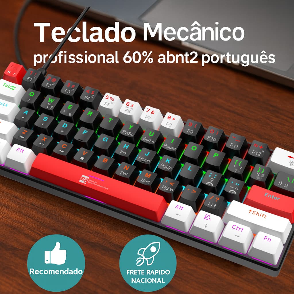 Teclado Gamer Mecânico 60% Switch Azul Profissional Cabo Removível USB portugues ABNT2