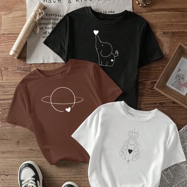 Camiseta feminina de algodão kit com 3 blusas femininas estampadas elefantinho saturno n´senhora