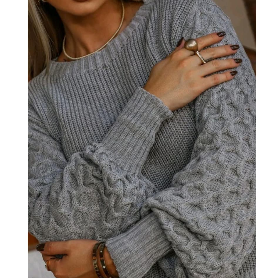 Blusa de frio feminina delicada com manga bufante texturizada