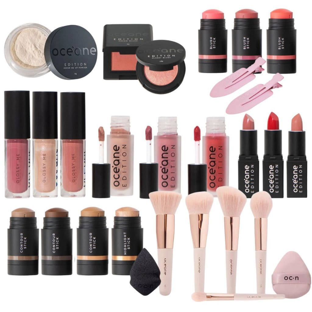 Mini Maquiagem Océane Batom, Blush, Pó Translúcido, Contorno, Gloss, Pincéis, Esponjas e Acessórios