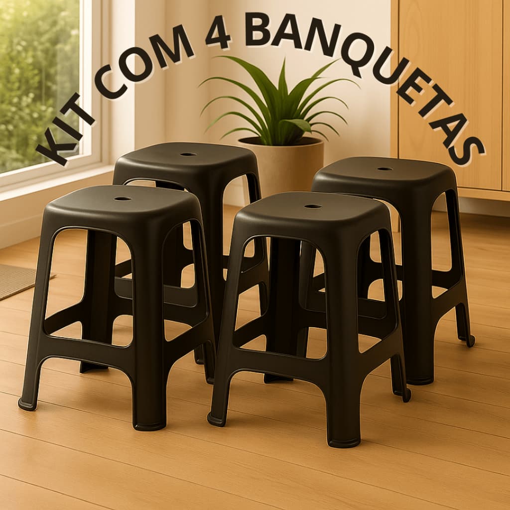 Kit de 4 Banqueta de Plástico Reforçada Preta Suporta Até 100 kgs Banquinho Banco