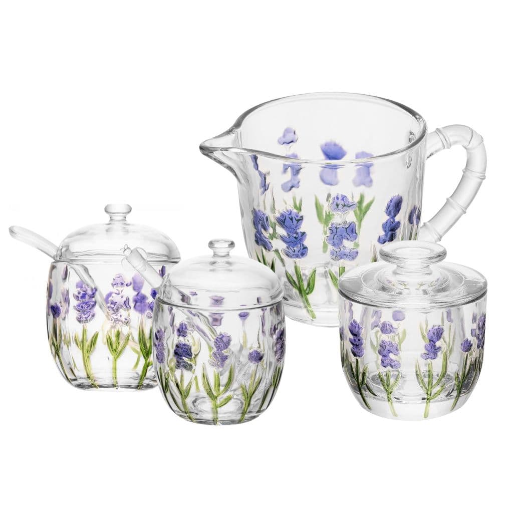 Xicaras, Manteigueira, Leiteira, Açucareiro e Meleira ou Kit 4 completo Lavanda Hand Painting - Lyor