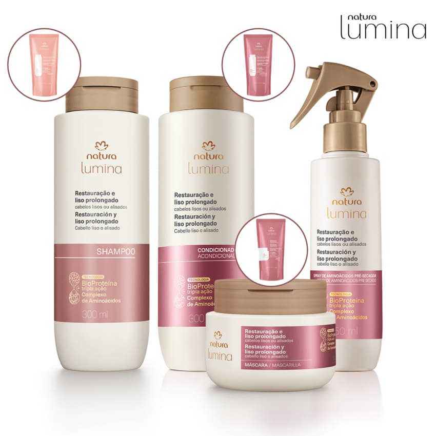 Lumina para Restauração e Liso Prolongado Natura: Shampoo, Condicionador, Máscara Restauradora e Spray de Aminoácidos