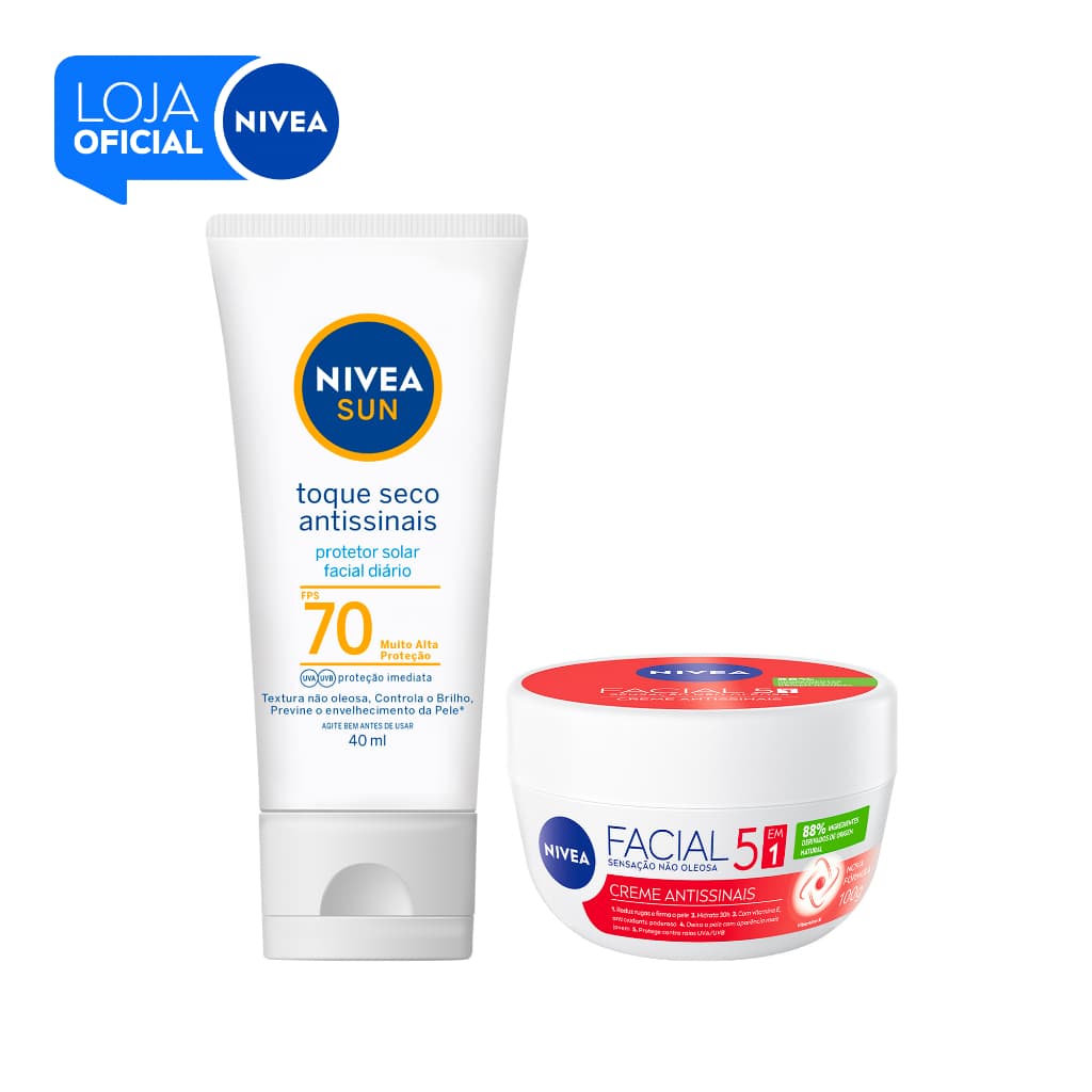 KIT NIVEA Creme Facial Antissinais 100g + Protetor Solar Facial Toque Seco Antissinais FPS 70 Sun 40ml BBB 26