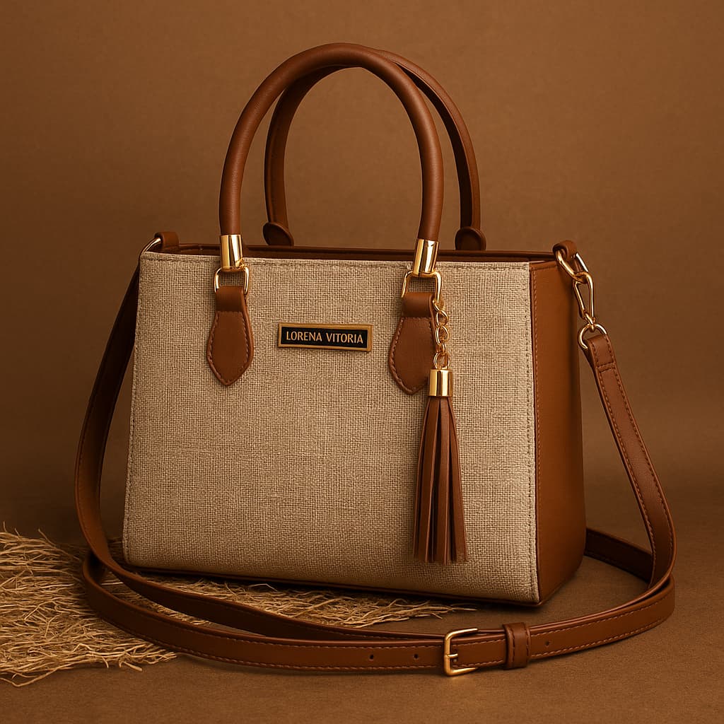 Bolsa Feminina Lorena Vitória Palha Chic Alça Dupla (Mão + Transversal)