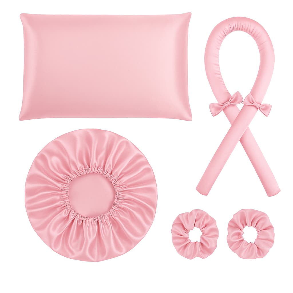 kit cetim anti frizz touca cetim + modelador sem calor curling rod + fronha