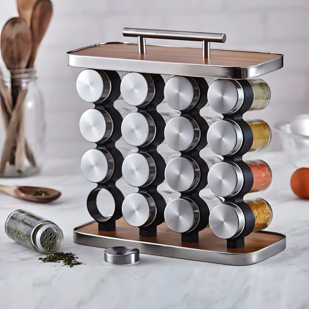 Porta Tempero 16 Potes de Condimentos 80ML Para Cozinha Base de Madeira Organização Rápida Inox