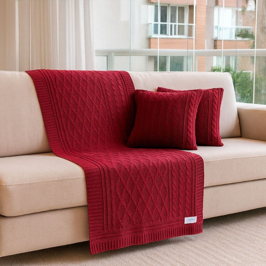 Kit Manta Tricot Californian Style Luxo 3D Tranças + 2 Capas de Almofada Sofá e Cama