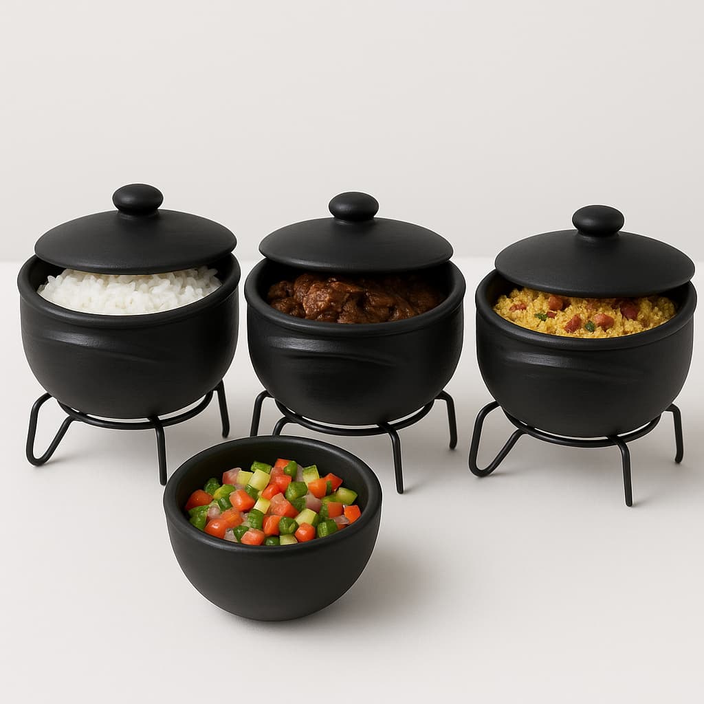 Jogo 3 Panelas de Barro Capixaba N°1 Com Tampas + Suportes Ferro + Cumbuca 400ml - Curadas Para Uso