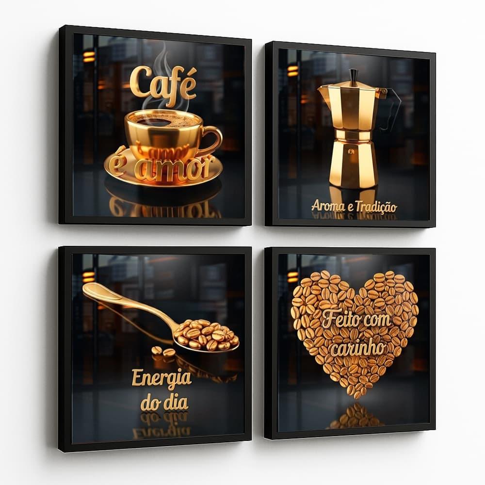 Kit Quadros Decorativos 4 peças Cantinho do Café Preto e Dourado Moderno 20x20 Energia