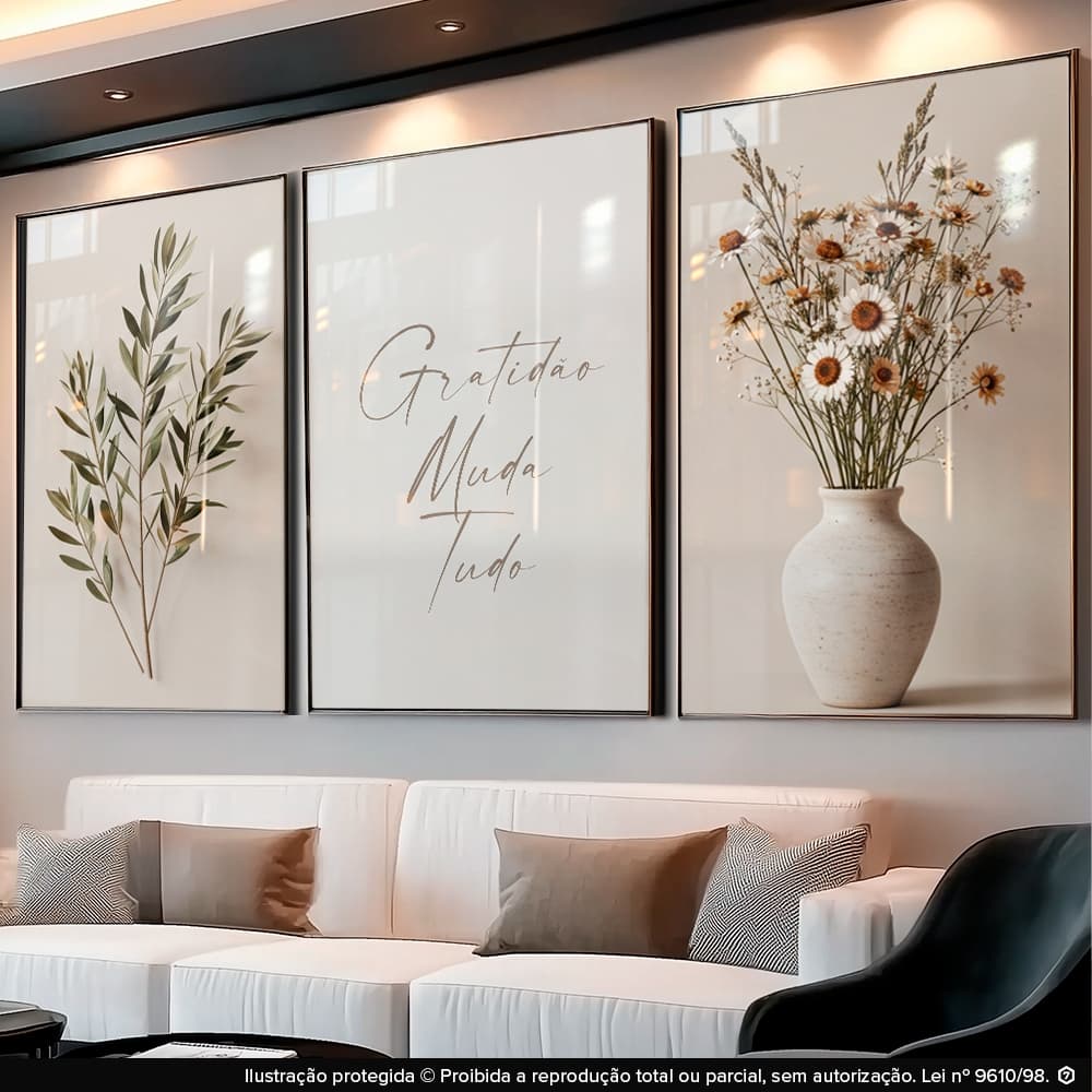 Quadros Decorativos Boho Gratidão Muda Tudo Sala Kit Vaso Flores Sala