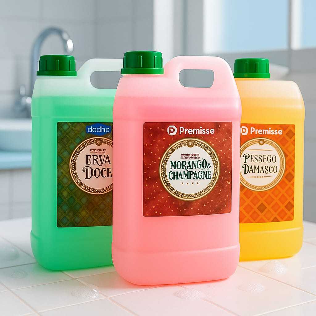 Sabonete Líquido Morango e Champagne, Erva Doce, Pessego e Damasco Deoline Premisse 1-5 Litros Para Mãos, Rosto e Corpo