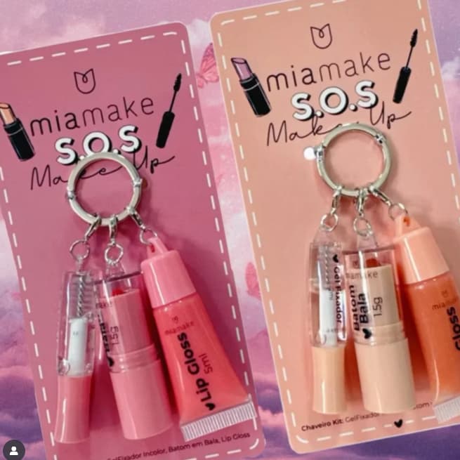 KIT CHAVEIRO 3 EM 1 BATOM BALA LIP GLOSS E GEL FIXADOR MIA MAKE - SOS MAKE UP
