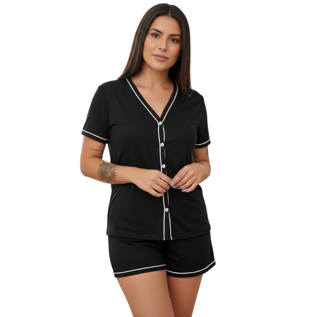 Pijama Baby Doll Amamentação Americano Cirurgico com botoes em Malha