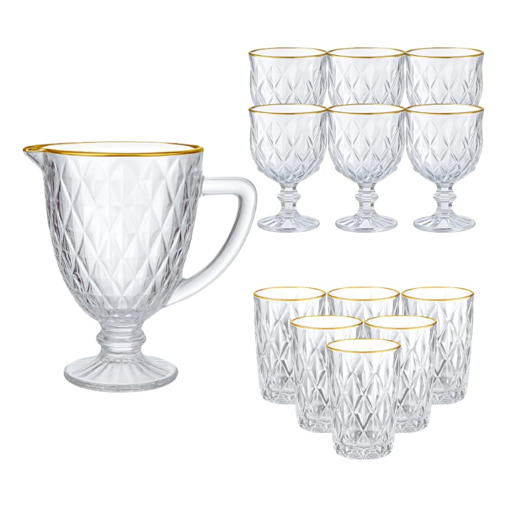 Coleção Diamond com Borda Dourada Jarra, Taças, Copos ou Kit Completo