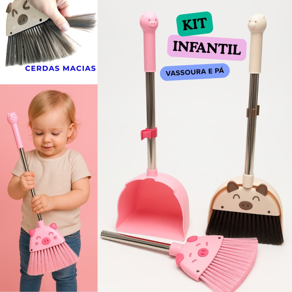 Kit Infantil Vassoura e Pá com Suporte Porquinho Brinquedo Educativo Limpeza Infantil em Plástico