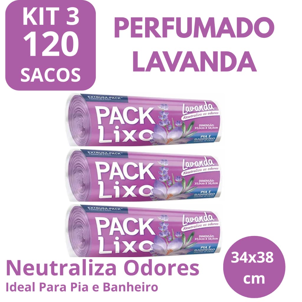 Kit 3 Sacos de Lixo Perfumados Lavanda | Kit 3 com 120 Sacos | Para Pia e Banheiro | 34x38cm | Neutraliza Odores