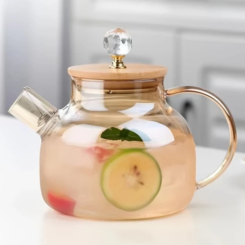 Bule Chaleira de Vidro Borossilicato Âmbar vai ao fogo com Tampa de Bambu