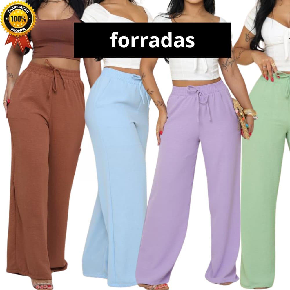 Calça Pantalona FORRADA DUNA Feminina Cintura Alta Com Bolso Tecido Fresco