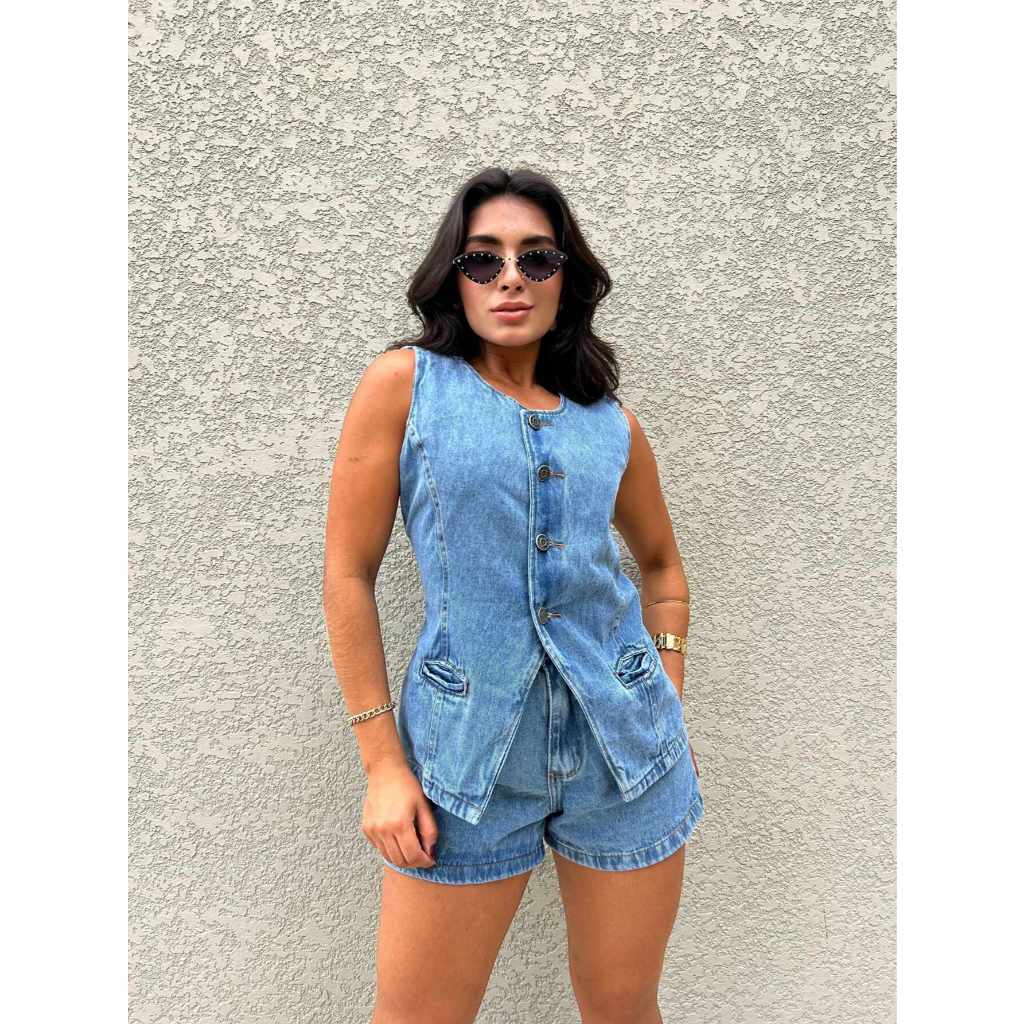 Coolestfeminina 8352 conjunto jeans feminina colete com short  p38 m40 g42