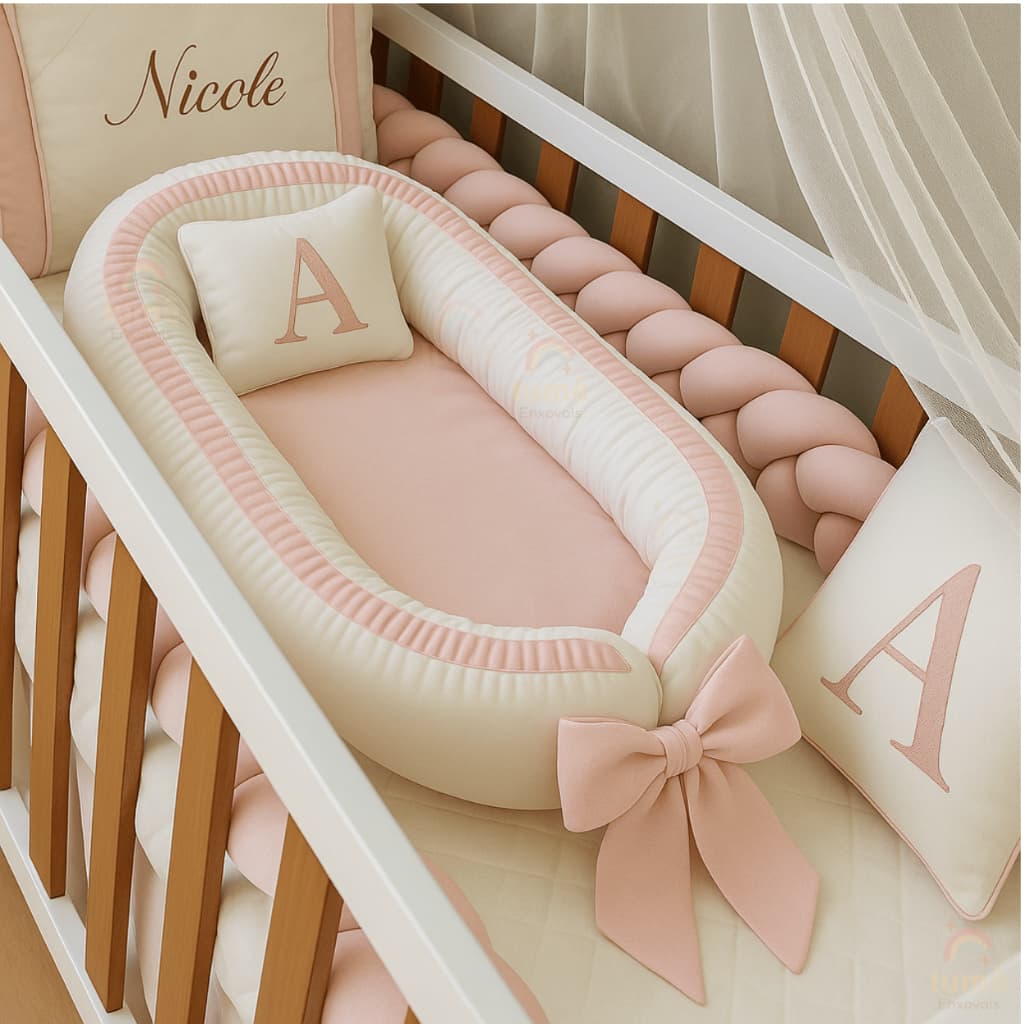 Ninho Redutor De Berço Para Bebe Com Travesseiro Bordado Letra Inicial do bebê Rosa