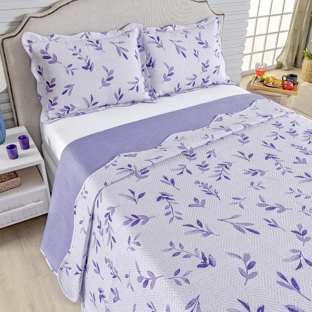 Kit Cobre Leito Colcha Queen Bouti 3 Peças Dupla Face Estampada Porta Travesseiro Aba Americana