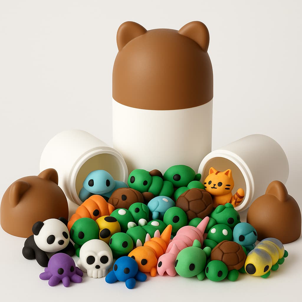 Container Gatinho com Animais Surpresa, Bixinhos Flexíveis, Fidget, Recipiente, Porta Treco, Pote