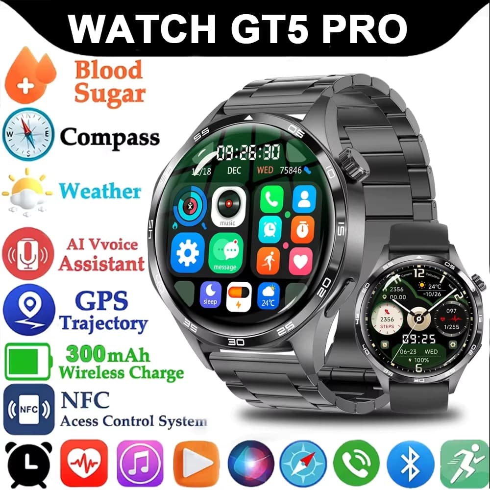 2026 GT5 Pro GPS NFC Relógio Inteligente Masculino HD Tela AMOLED Freqüência Cardíaca