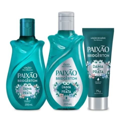 Kit Paixão & Bridgerton Dama de Prata: Óleo Corporal, Hidratante Corporal e Hidratante de Mãos com Ação Desodorante *